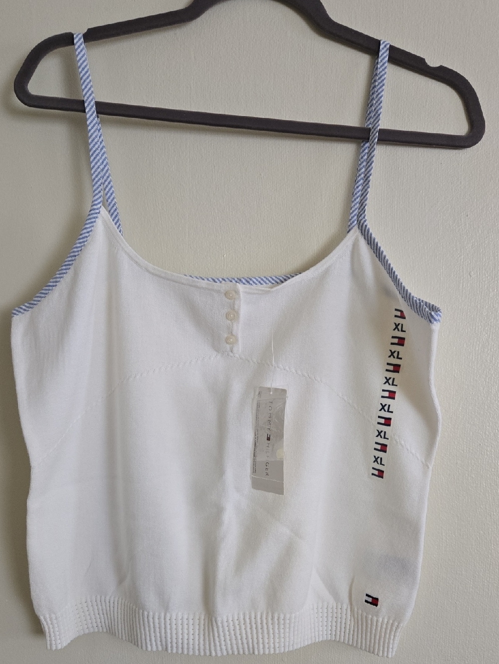 Tommy Hilfiger White Cotton Knit Blue And White Straps Tank